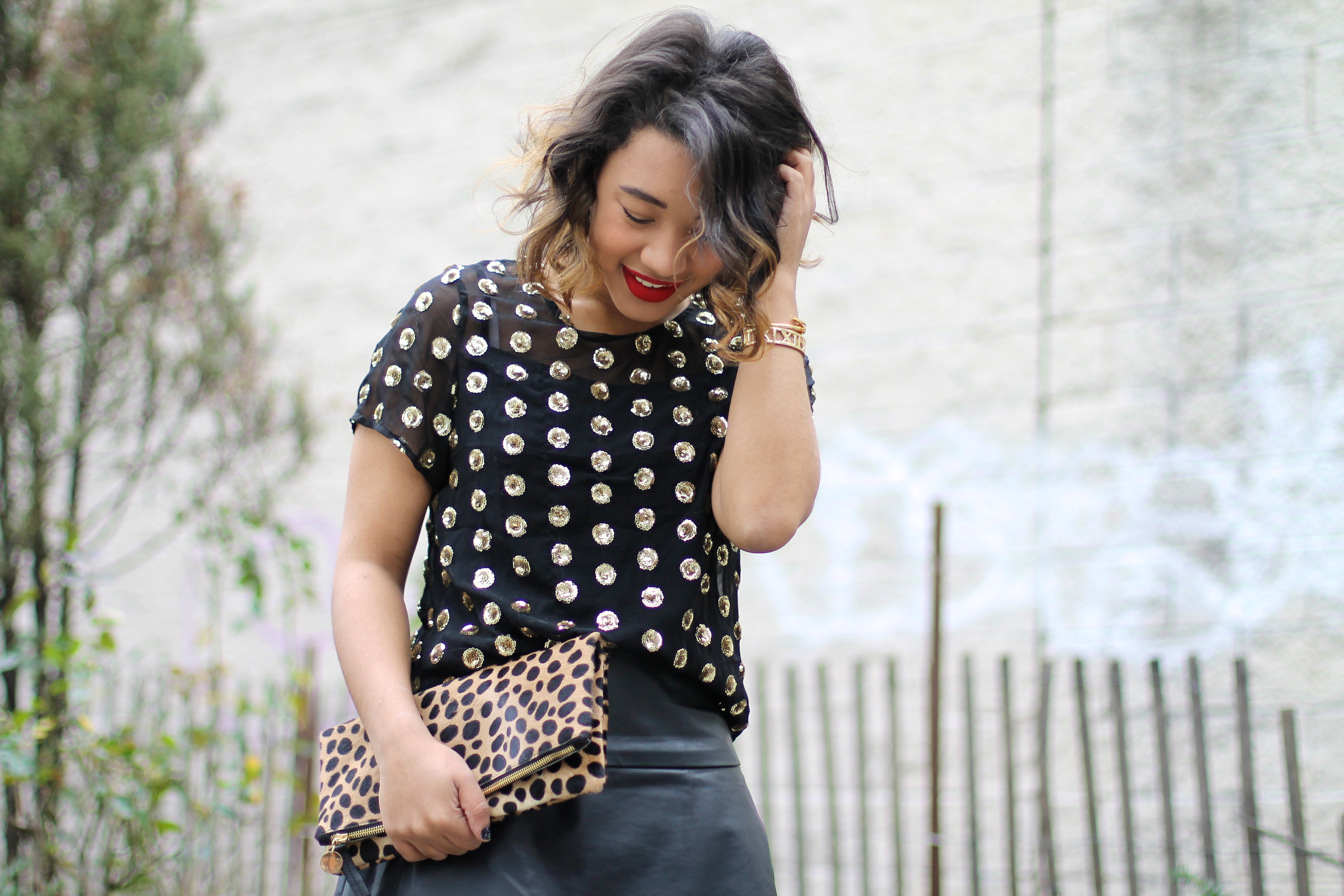 Sequin Shirt Sequin top Polka dot sequin polka dot sequin top polka dot sequin blouse sequin polka dot blouse leopard clutch black leather skirt leopard clutch clare v clutch black leopard clare v clutch fashion blogger black fashion blogger color me courtney fashion blogger 