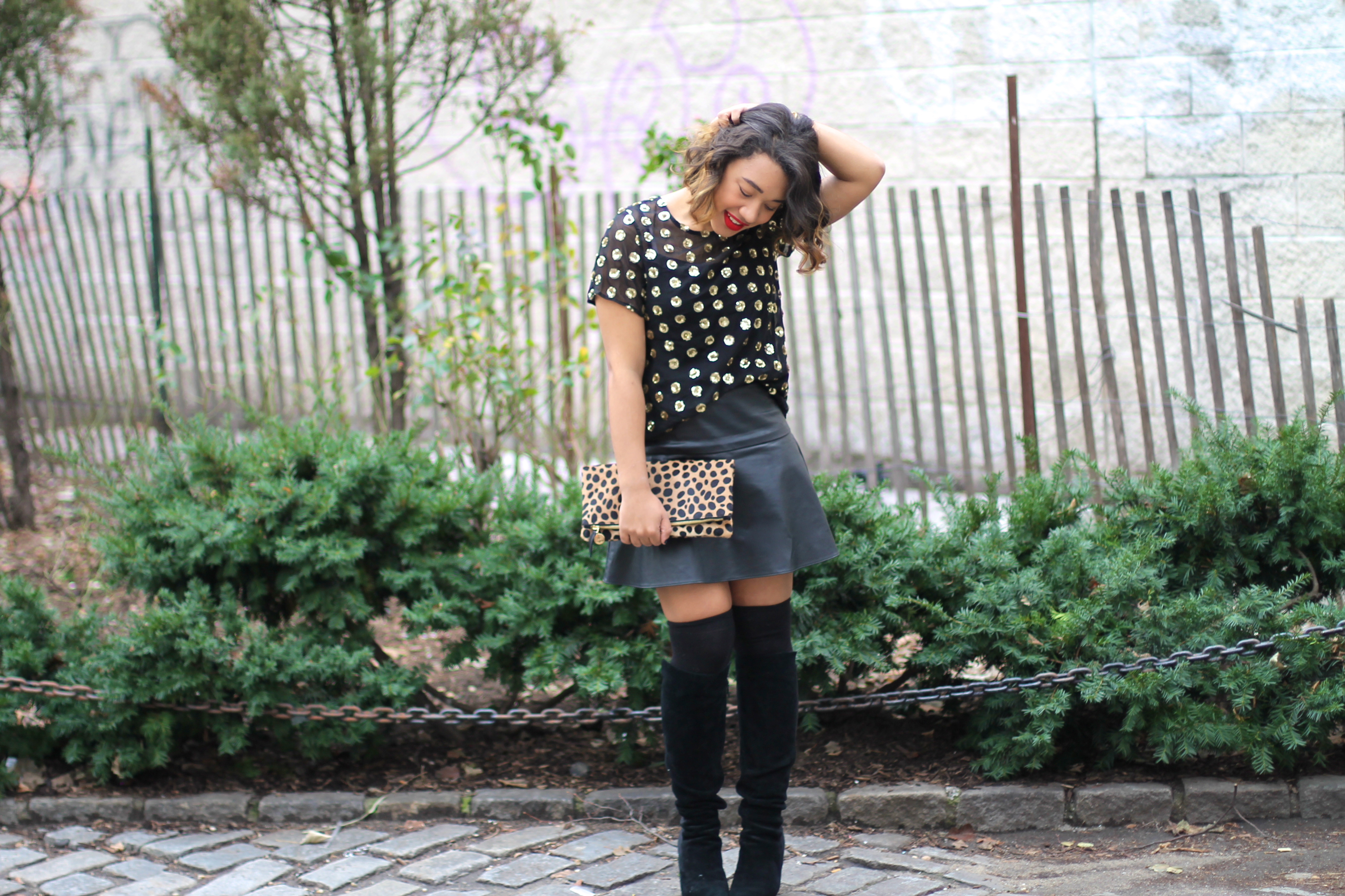 Sequin Shirt Sequin top Polka dot sequin polka dot sequin top polka dot sequin blouse sequin polka dot blouse leopard clutch black leather skirt leopard clutch clare v clutch black leopard clare v clutch fashion blogger black fashion blogger color me courtney fashion blogger 