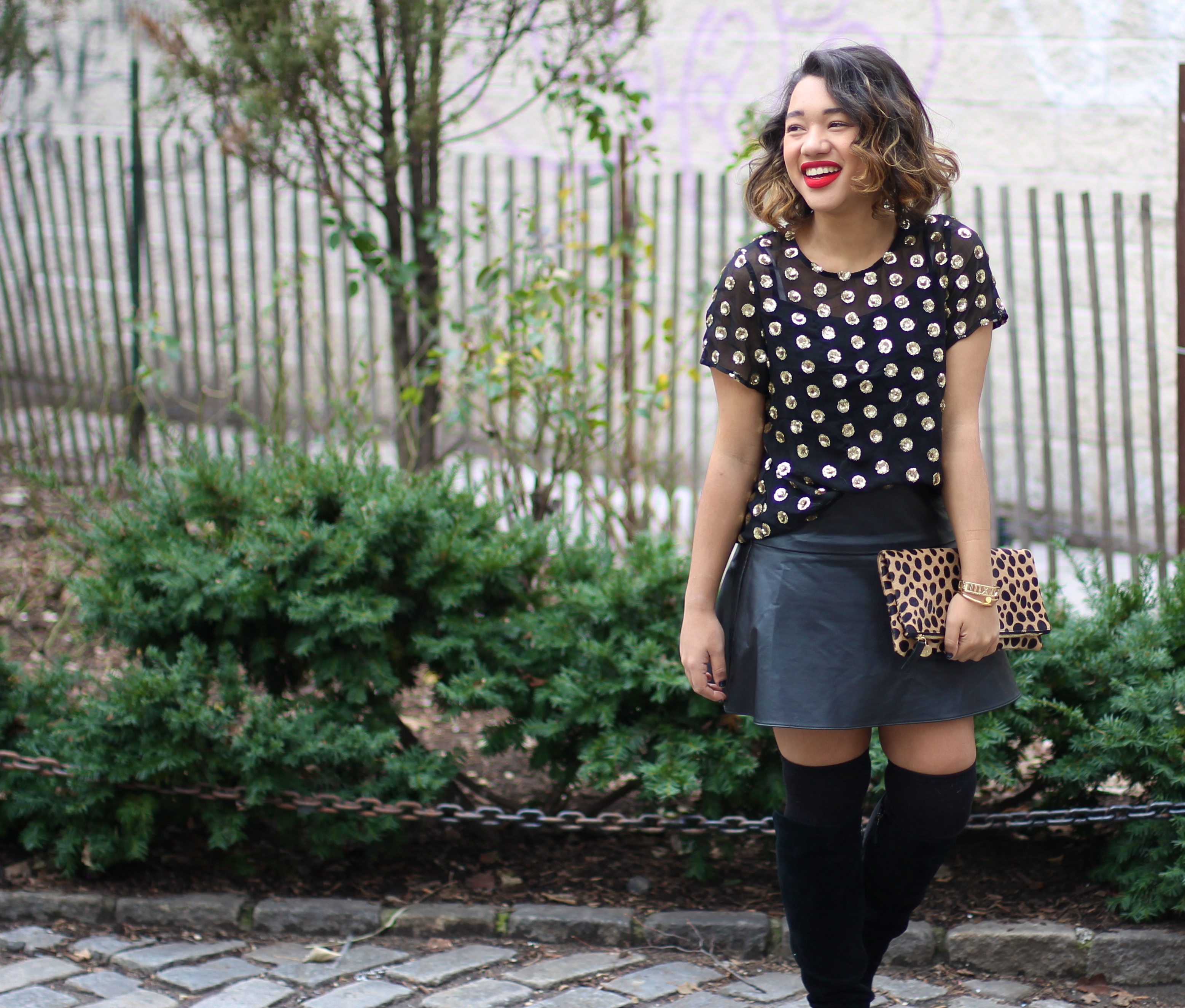 Sequin Shirt Sequin top Polka dot sequin polka dot sequin top polka dot sequin blouse sequin polka dot blouse leopard clutch black leather skirt leopard clutch clare v clutch black leopard clare v clutch fashion blogger black fashion blogger color me courtney fashion blogger 