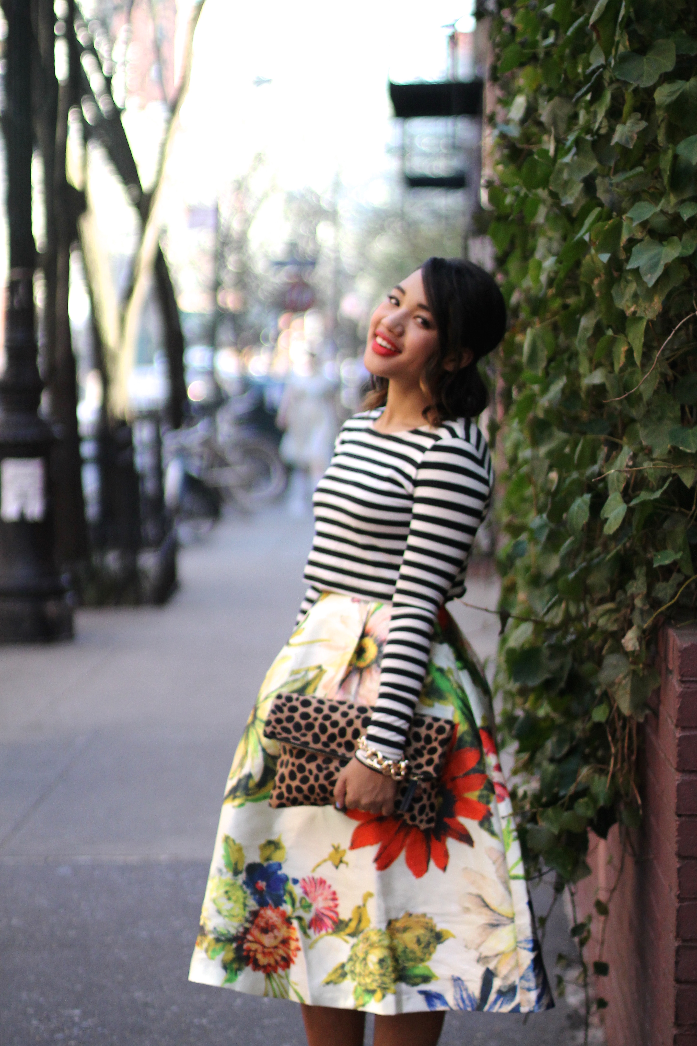 black and white striped dress with flowers