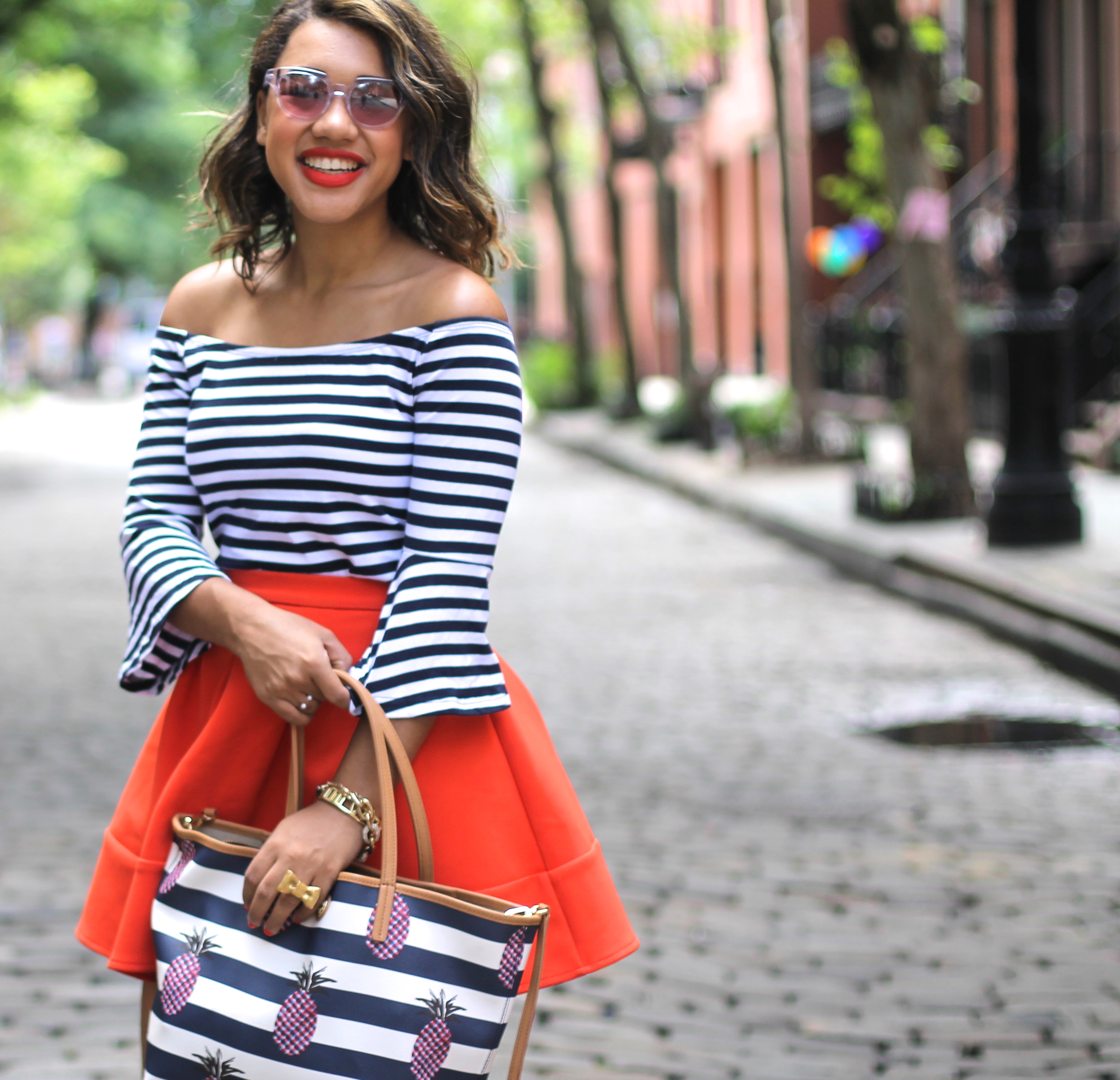 Tory Burch Stripe White & Blue Tote Bag