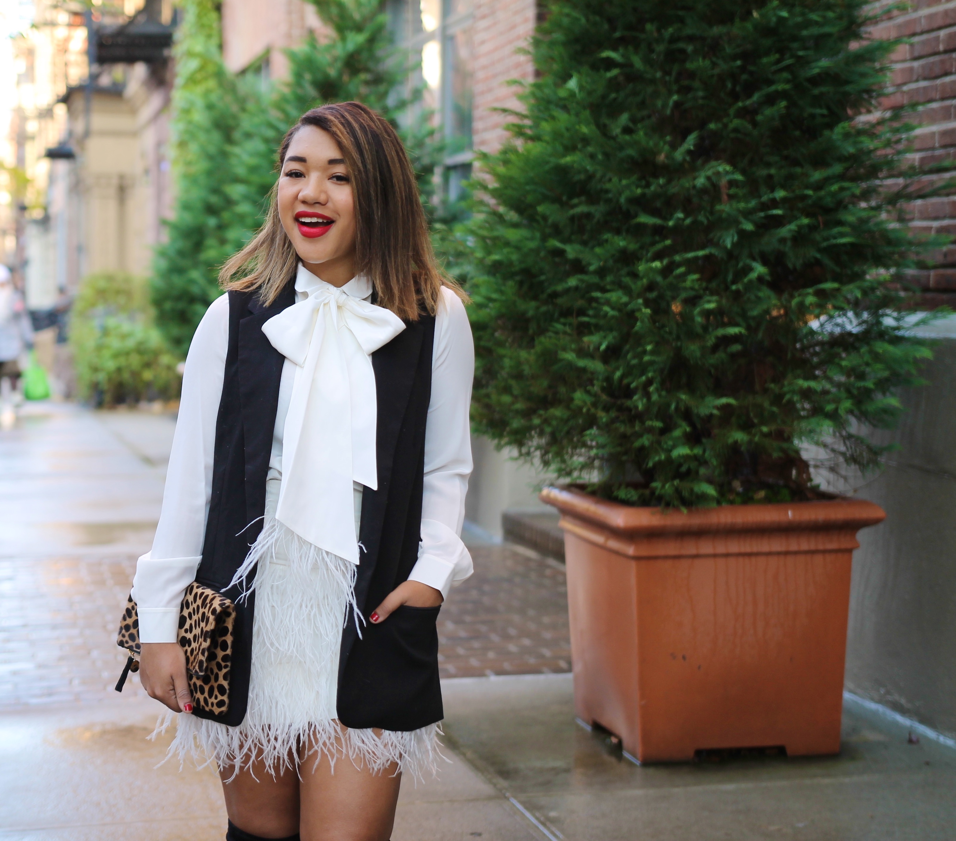 Holiday Style - White Feather Skirt / Bow Blouse / Leopard Clutch / Over the Knee Boots 