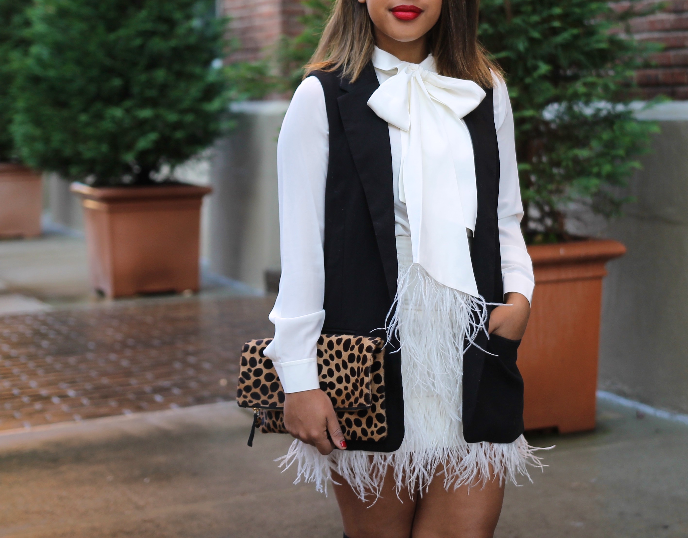 Holiday Style - White Feather Skirt / Bow Blouse / Leopard Clutch / Over the Knee Boots 