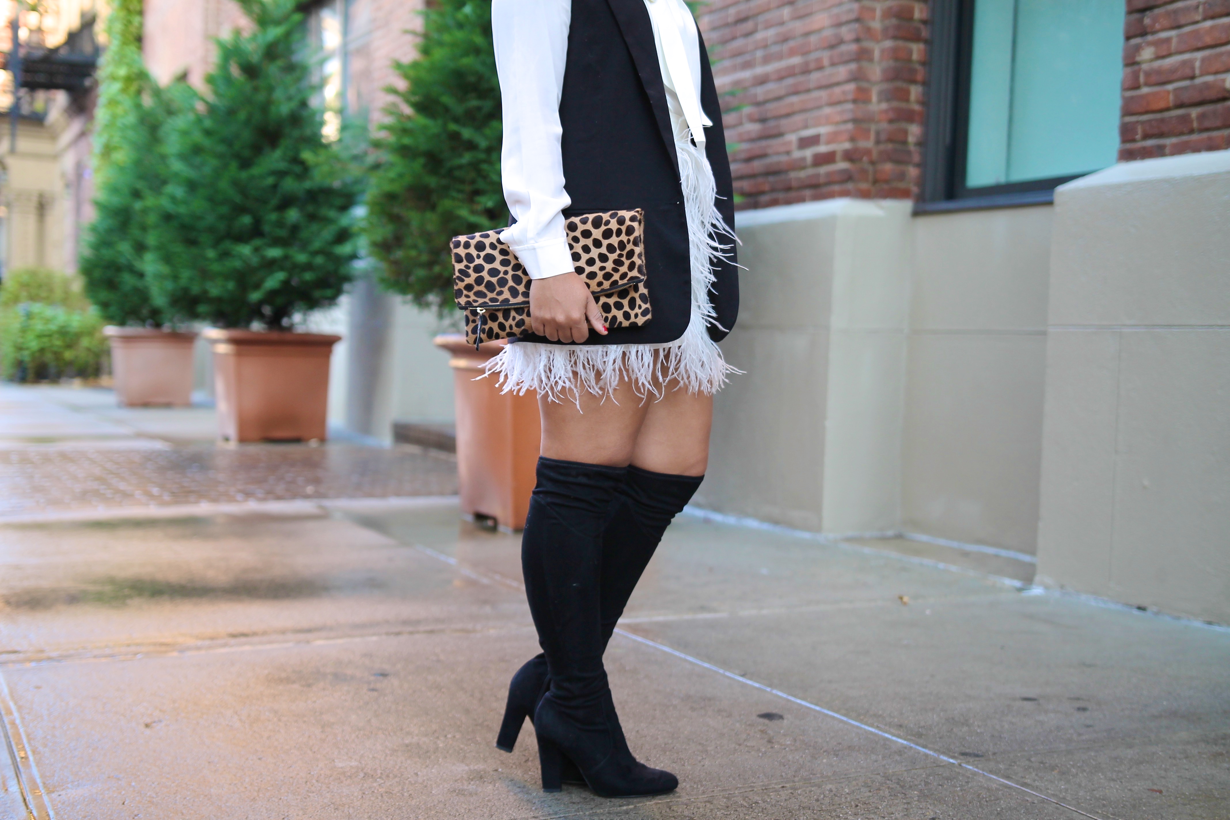 Holiday Style - White Feather Skirt / Bow Blouse / Leopard Clutch / Over the Knee Boots 