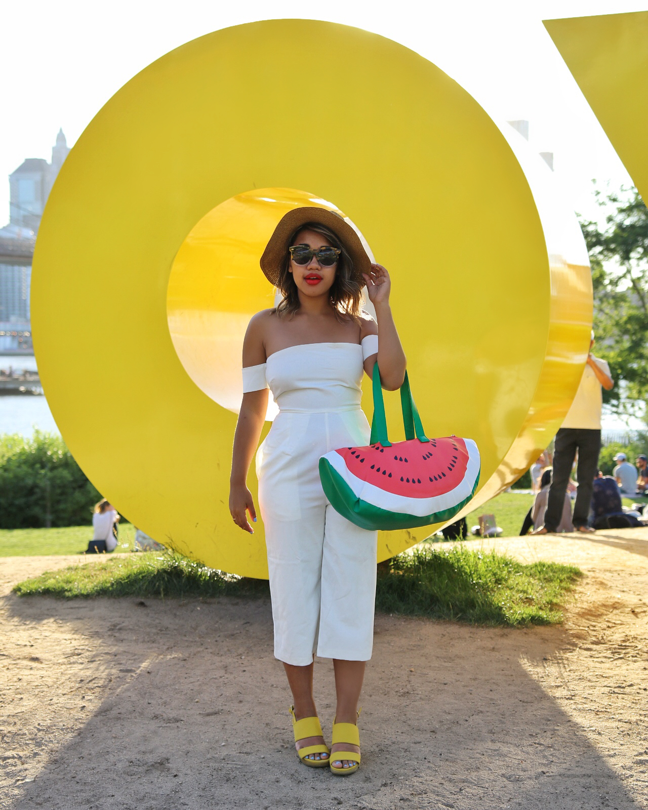 Color Me Courtney - Little White Jumpsuit // Jumpsuit >> http://bit.ly/littlewhitejumpsuit // Heels: http://bit.ly/yellow_sandals // bag: http://bit.ly/watermelonbagg