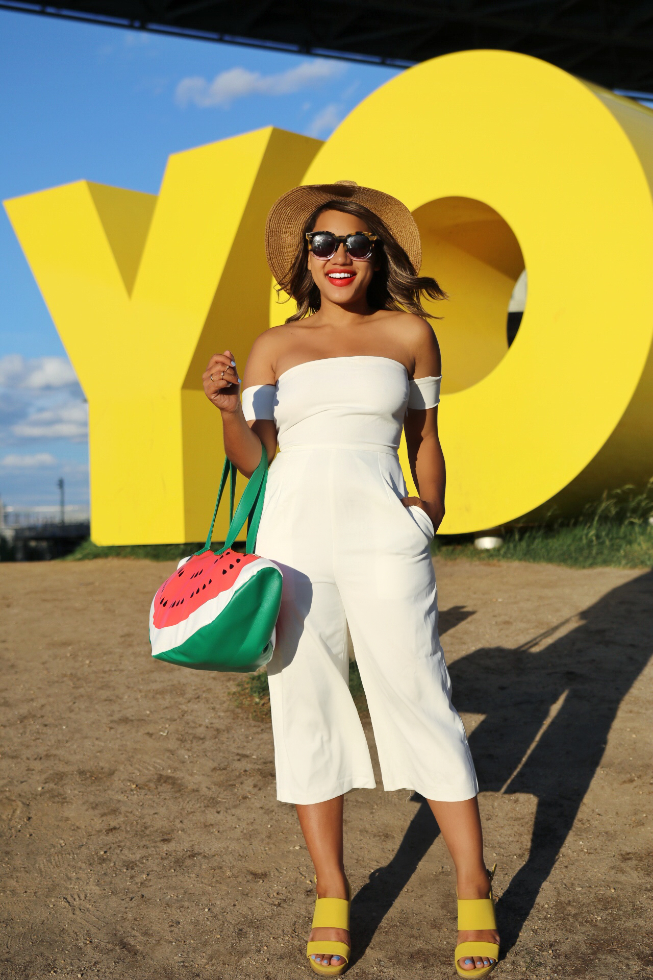 Color Me Courtney - Little White Jumpsuit // Jumpsuit >> http://bit.ly/littlewhitejumpsuit // Heels: http://bit.ly/yellow_sandals // bag: http://bit.ly/watermelonbagg