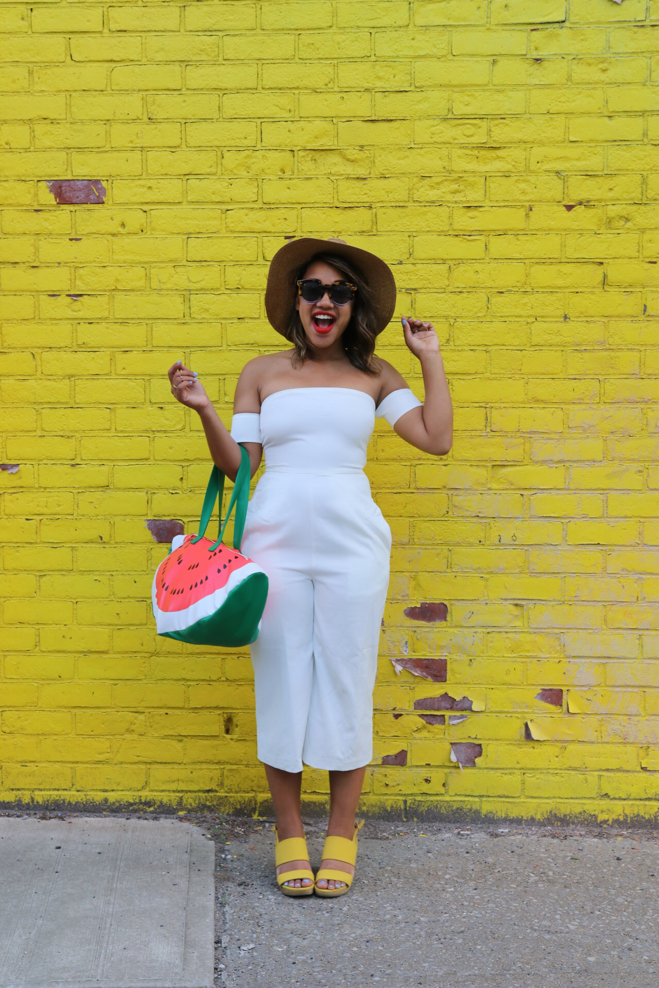 Color Me Courtney - Little White Jumpsuit // Jumpsuit >> http://bit.ly/littlewhitejumpsuit // Heels: http://bit.ly/yellow_sandals // bag: http://bit.ly/watermelonbagg