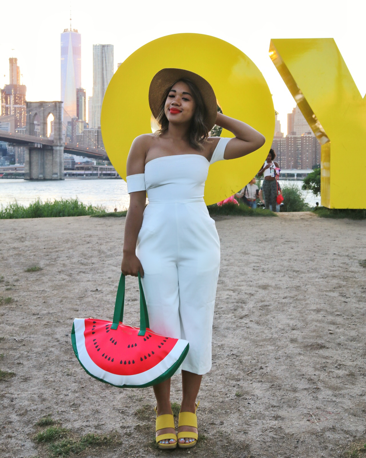 Color Me Courtney - Little White Jumpsuit // Jumpsuit >> http://bit.ly/littlewhitejumpsuit // Heels: http://bit.ly/yellow_sandals // bag: http://bit.ly/watermelonbagg