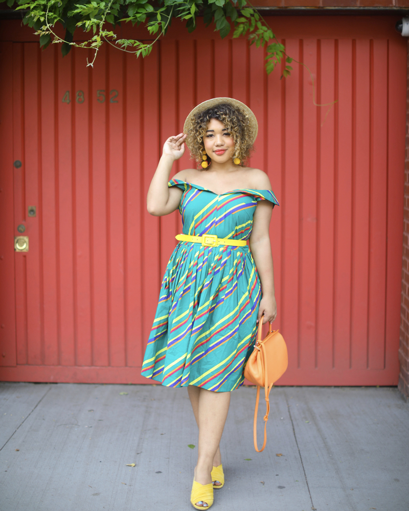 DOUBLEDUP-COLORMECOURTNEY-COURTNEY-QUINN-COLOR-ME-COURTNEY-GREEN-DRESS-MODCLOTH-COPHENHAGEN-SUMMER-MULES-YELLOW-BOATER-HAT-CANDY-STRIPES-OFF-THE-SHOULDER