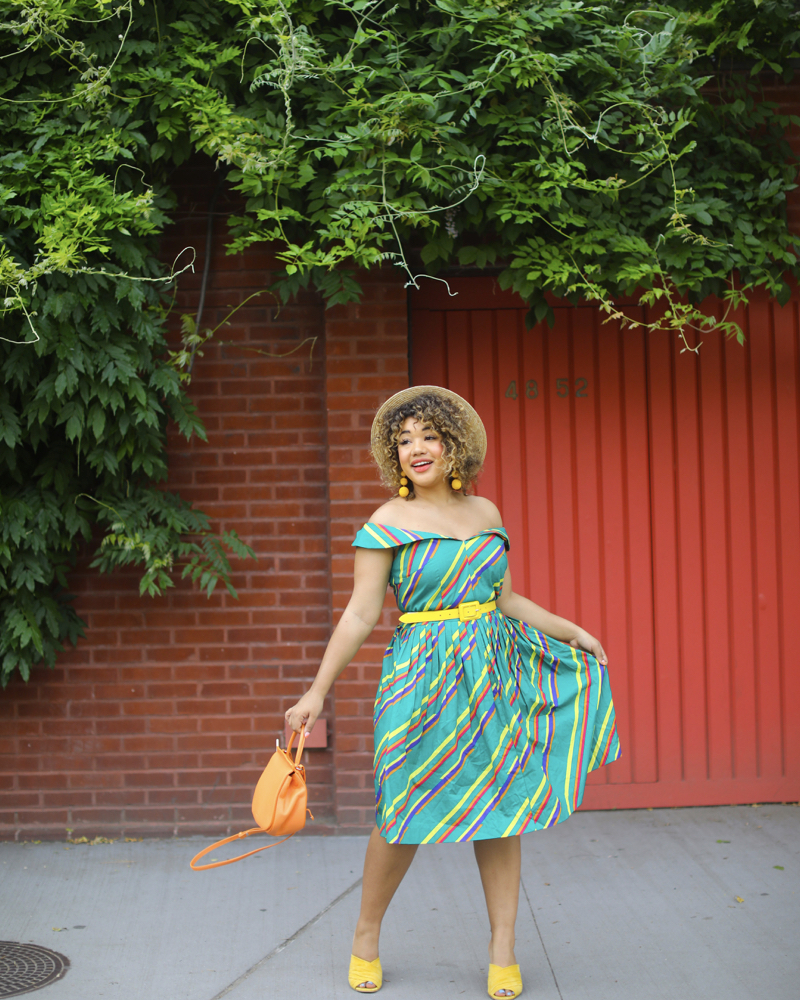 DOUBLEDUP-COLORMECOURTNEY-COURTNEY-QUINN-COLOR-ME-COURTNEY-GREEN-DRESS-MODCLOTH-COPHENHAGEN-SUMMER-MULES-YELLOW-BOATER-HAT-CANDY-STRIPES-OFF-THE-SHOULDER