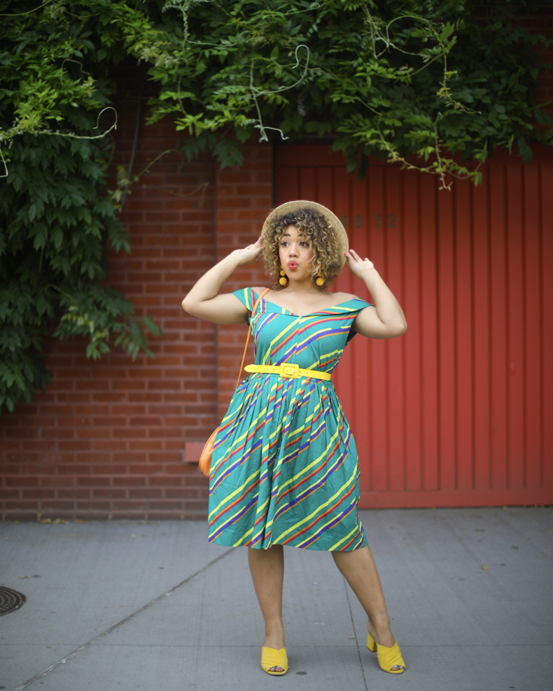 DOUBLEDUP-COLORMECOURTNEY-COURTNEY-QUINN-COLOR-ME-COURTNEY-GREEN-DRESS-MODCLOTH-COPHENHAGEN-SUMMER-MULES-YELLOW-BOATER-HAT-CANDY-STRIPES-OFF-THE-SHOULDER