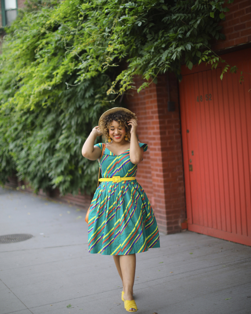 DOUBLEDUP-COLORMECOURTNEY-COURTNEY-QUINN-COLOR-ME-COURTNEY-GREEN-DRESS-MODCLOTH-COPHENHAGEN-SUMMER-MULES-YELLOW-BOATER-HAT-CANDY-STRIPES-OFF-THE-SHOULDER