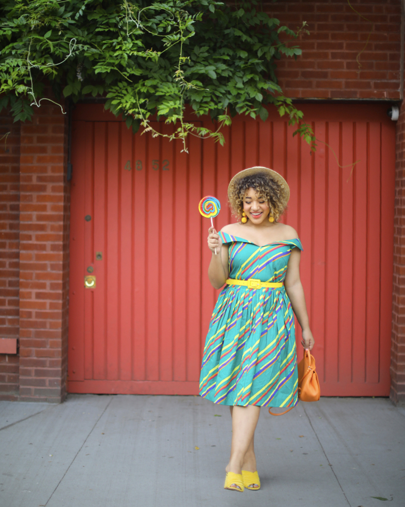DOUBLEDUP-COLORMECOURTNEY-COURTNEY-QUINN-COLOR-ME-COURTNEY-GREEN-DRESS-MODCLOTH-COPHENHAGEN-SUMMER-MULES-YELLOW-BOATER-HAT-CANDY-STRIPES-OFF-THE-SHOULDER