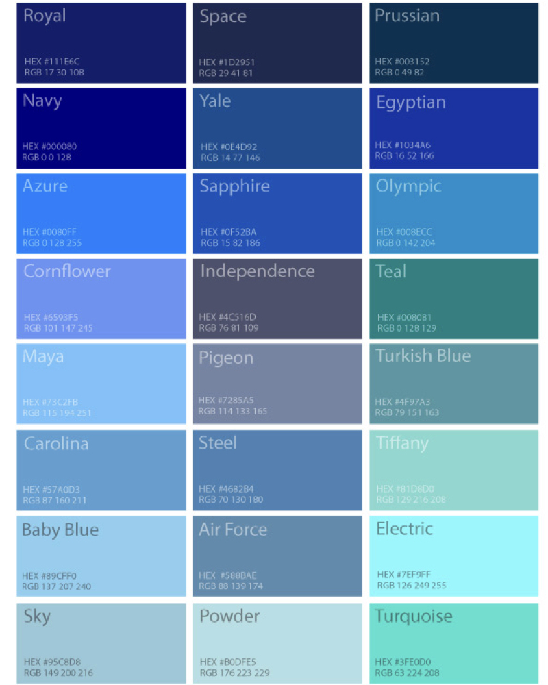 Top 20 Blue Hex Codes for Brilliant to Baby Blues