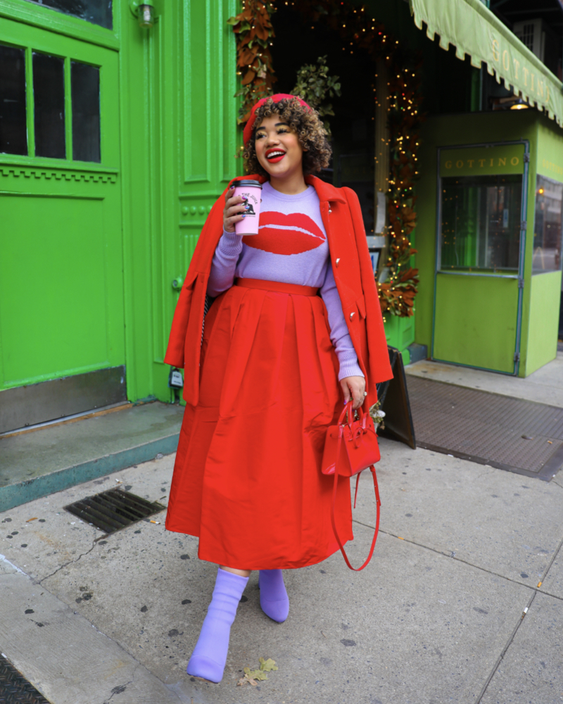 lavender and red outfit