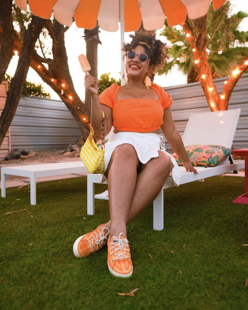 orange top urban outfitters skirt yellow sperry shoes yellow handbag