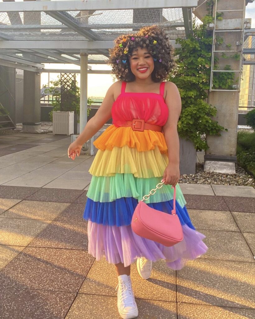 rainbow tiered midi dress handbag converse shoes